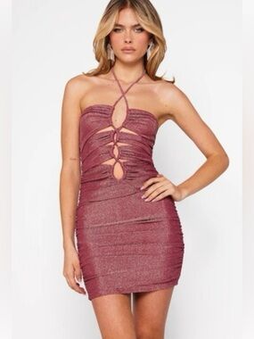 NEW WITH TAGS Hello Molly Pink Shimmer Ruched Halter Mini Dress  Dress Size M
